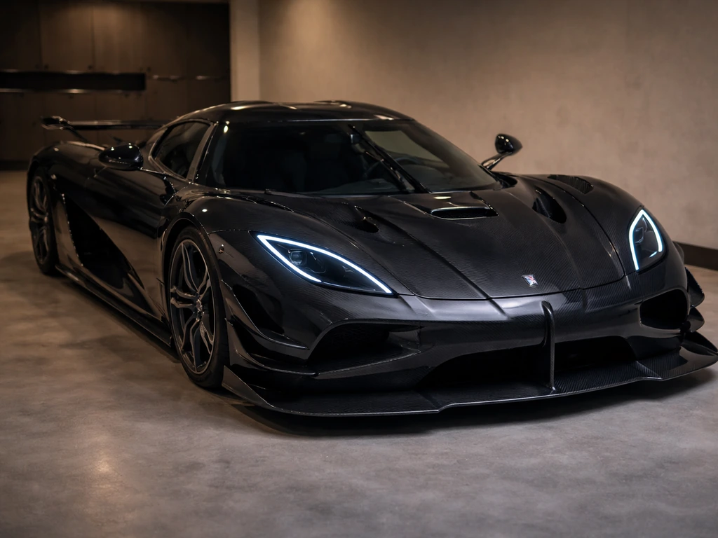 Photoreal Koenigsegg-style supercar parked in a quiet upscale garage, luxury asset-class mood