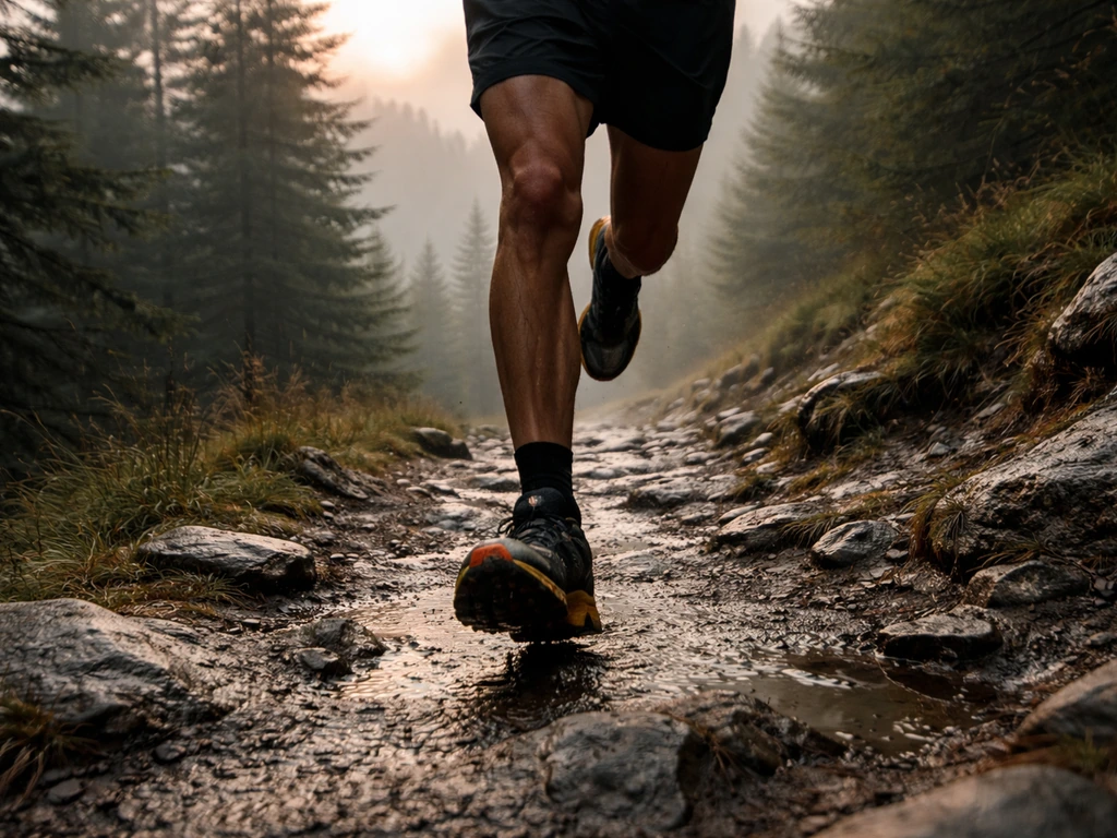 Blurry ultrarunning shoes and legs on a wet mountain trail at dawn, suggesting endurance and wealth analysis