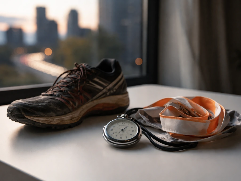 Empty running shoe and stopwatch on a desk with a blurred city skyline behind it.