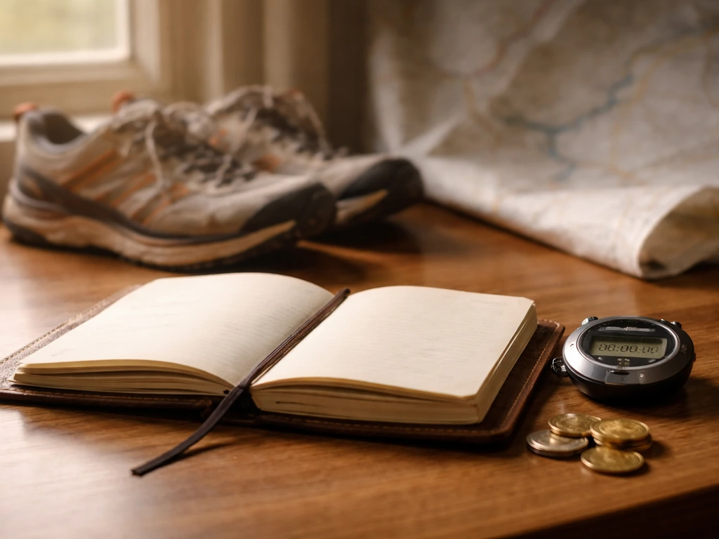 Minimal photo of an elite ultrarunning-themed money concept: stopwatch and cash-like tokens beside a journal