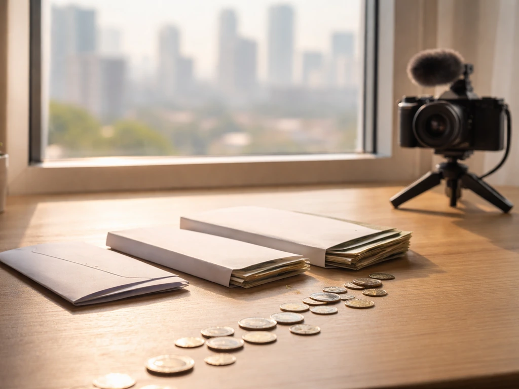 Minimal desk scene with coins and stacked envelopes by a window, symbolizing wealth growth over career phases.