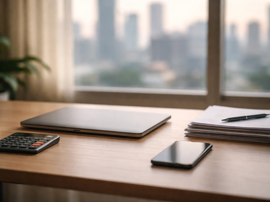 Minimal office scene with a laptop and calculator, symbolizing a software professional’s net worth estimate