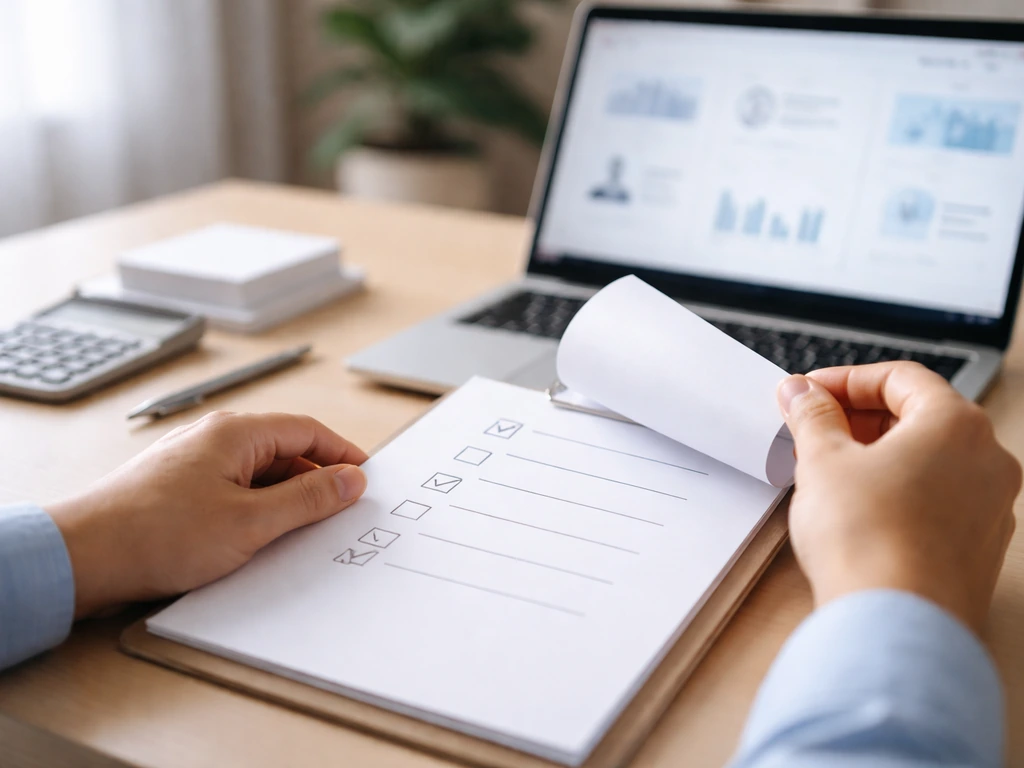 Hand flipping paper checklist beside a laptop with blurred finance and industry imagery