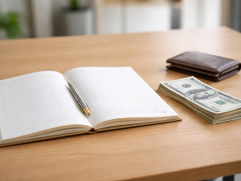 Minimal photo of a desk with scattered cash and an open ledger, symbolizing net worth calculations.