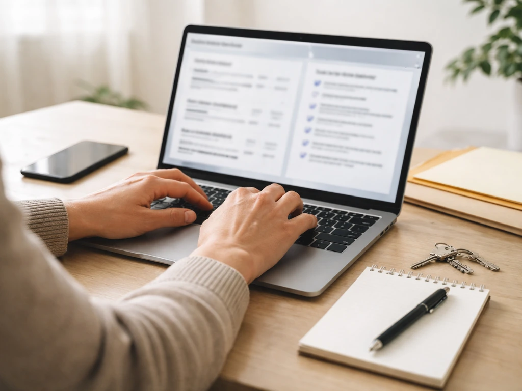 Anonymous hands verify documents at a minimal desk with a laptop showing blurred public-records results.