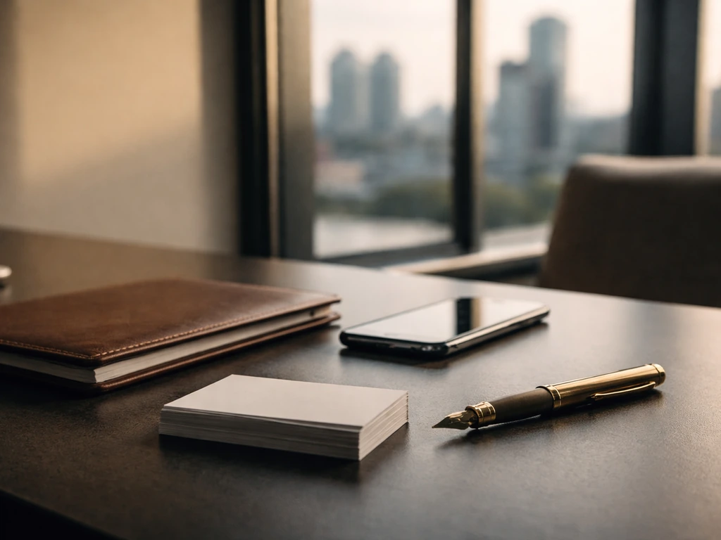 Minimal modern VC-style desk scene with city skyline through the window, signaling wealth and career analysis.