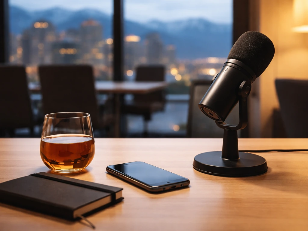 Minimal office desk with a microphone and phone, dusk city view, symbolic venture investing mood