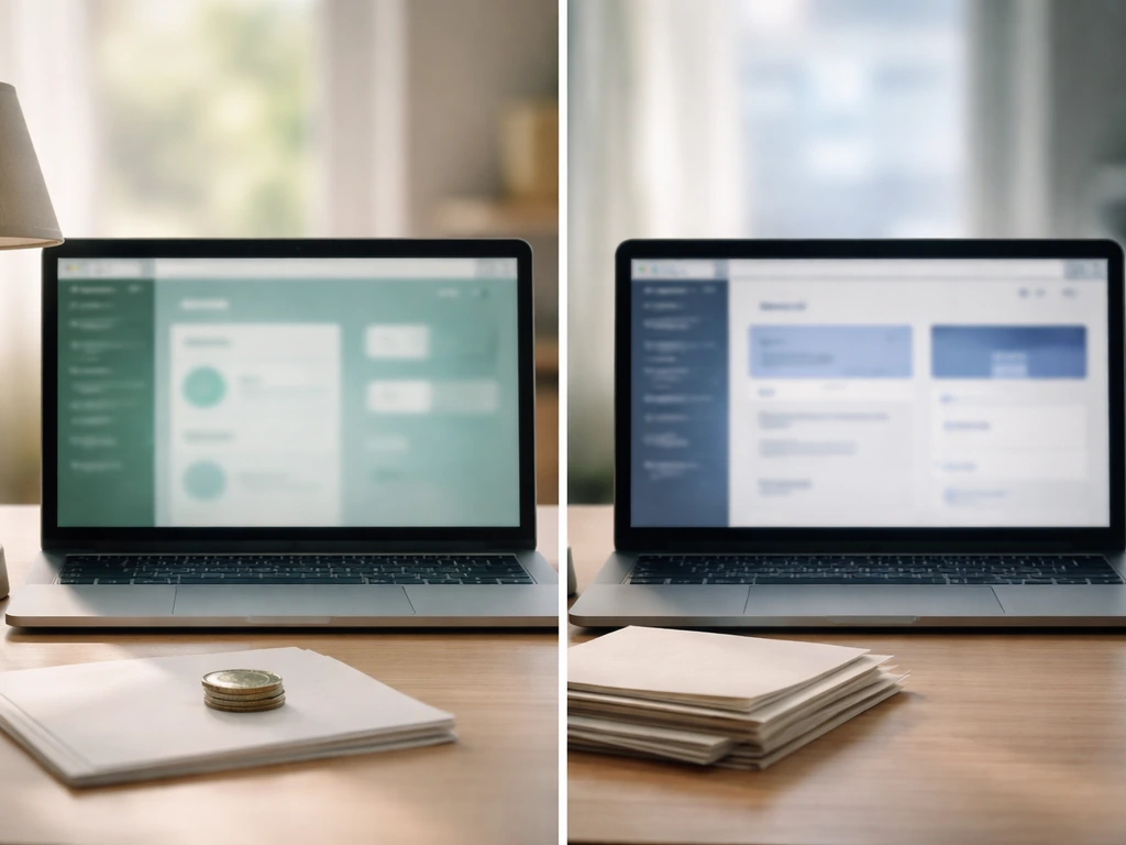 Minimal desk photo with two blurred laptop screens and small coin beside unmarked papers, suggesting exit and VC income.