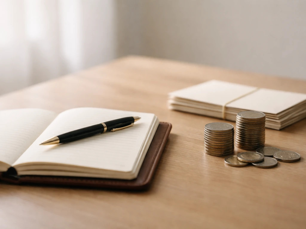 Close-up of a simple finance-themed desk scene showing a leather notebook, pen, and small money stack