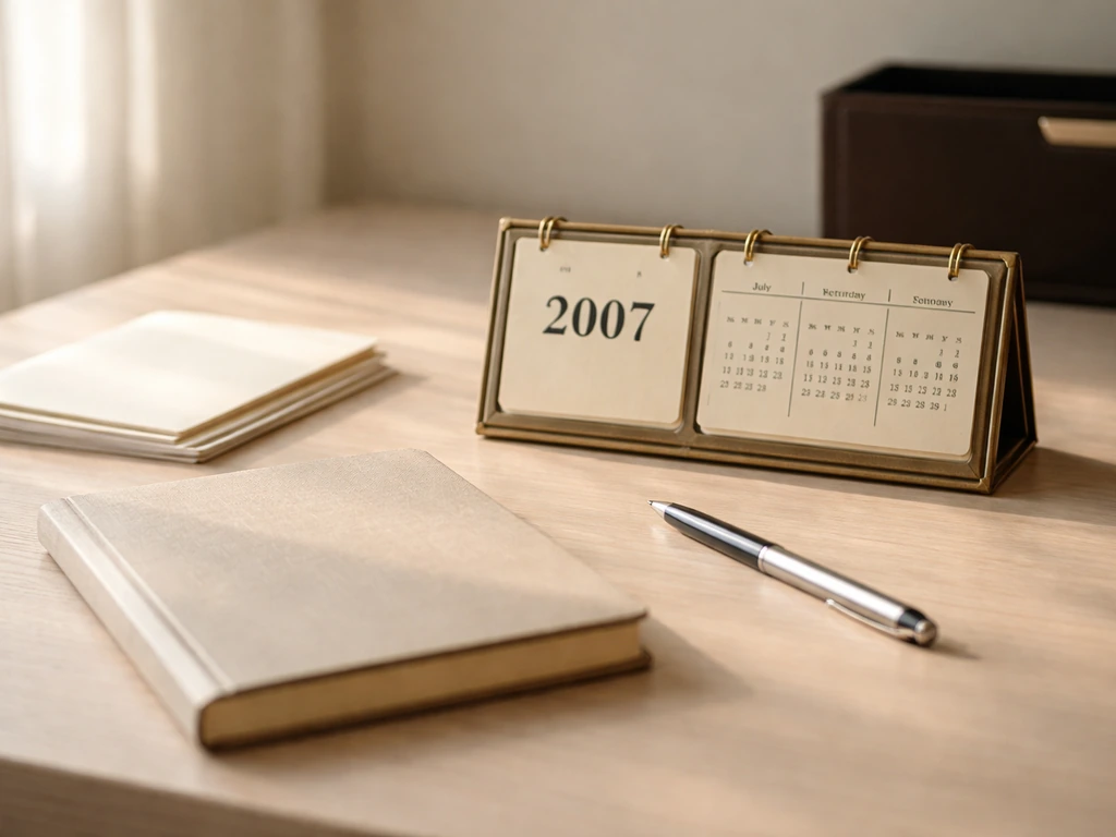 Minimal desk scene with a vintage calendar, pen, and paper noting milestones from 2007 to later years.