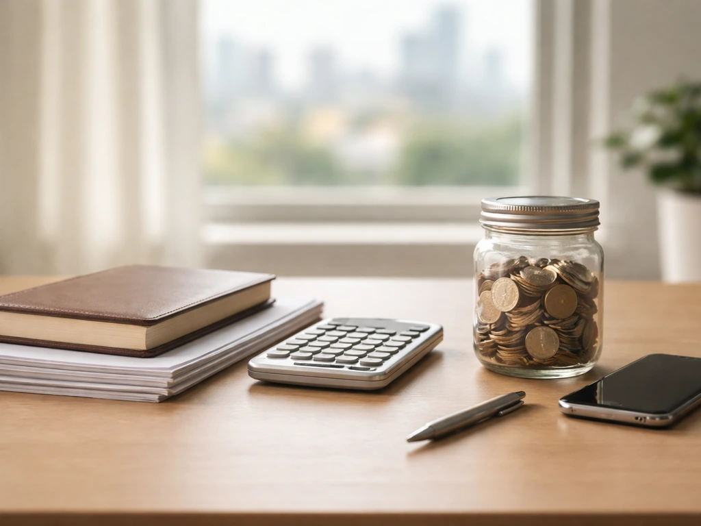 Minimal office desk with calculator, coins jar, and papers suggesting a net-worth estimate range concept.