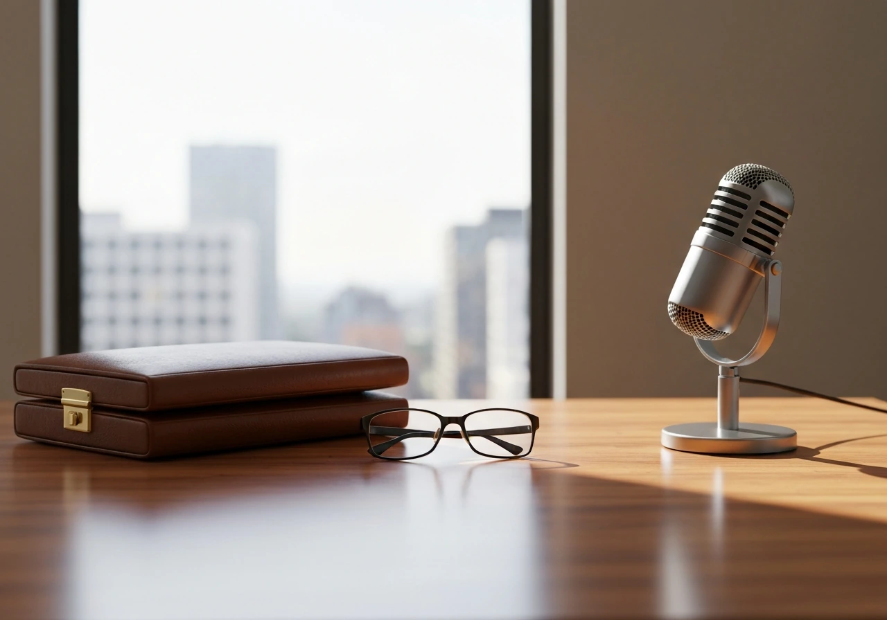 Minimal investment-banking office desk with briefcase and microphone, soft daylight and city blur.