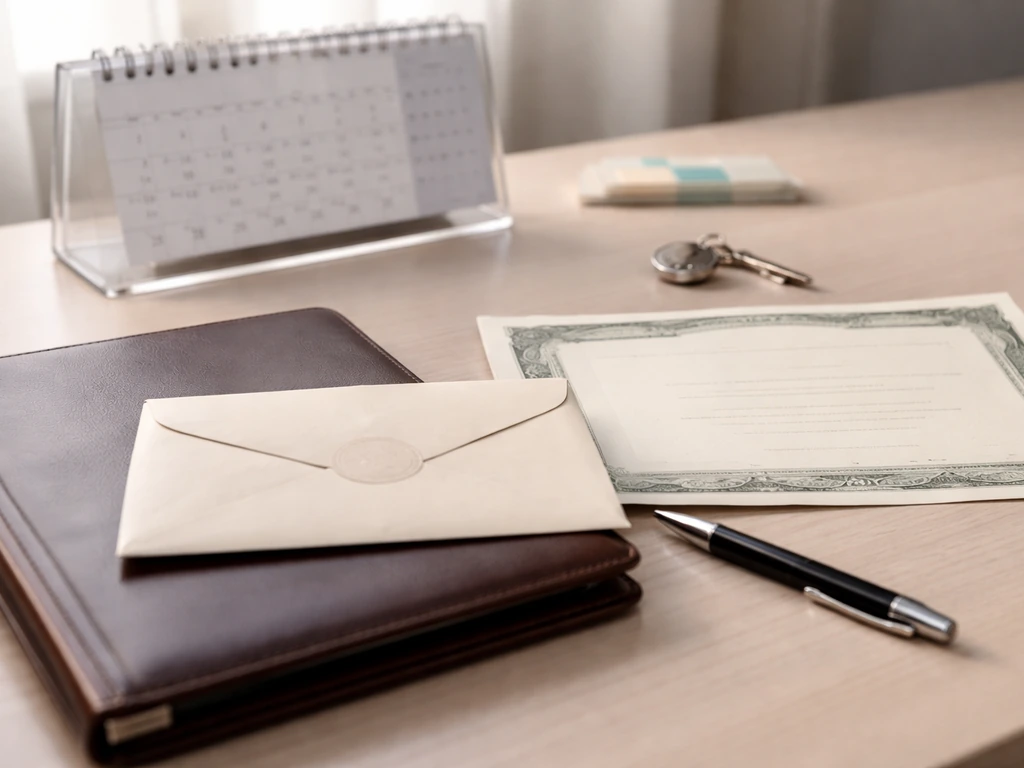 Minimal desk with a blank calendar and stock-certificate style paper suggesting deferred equity pay.