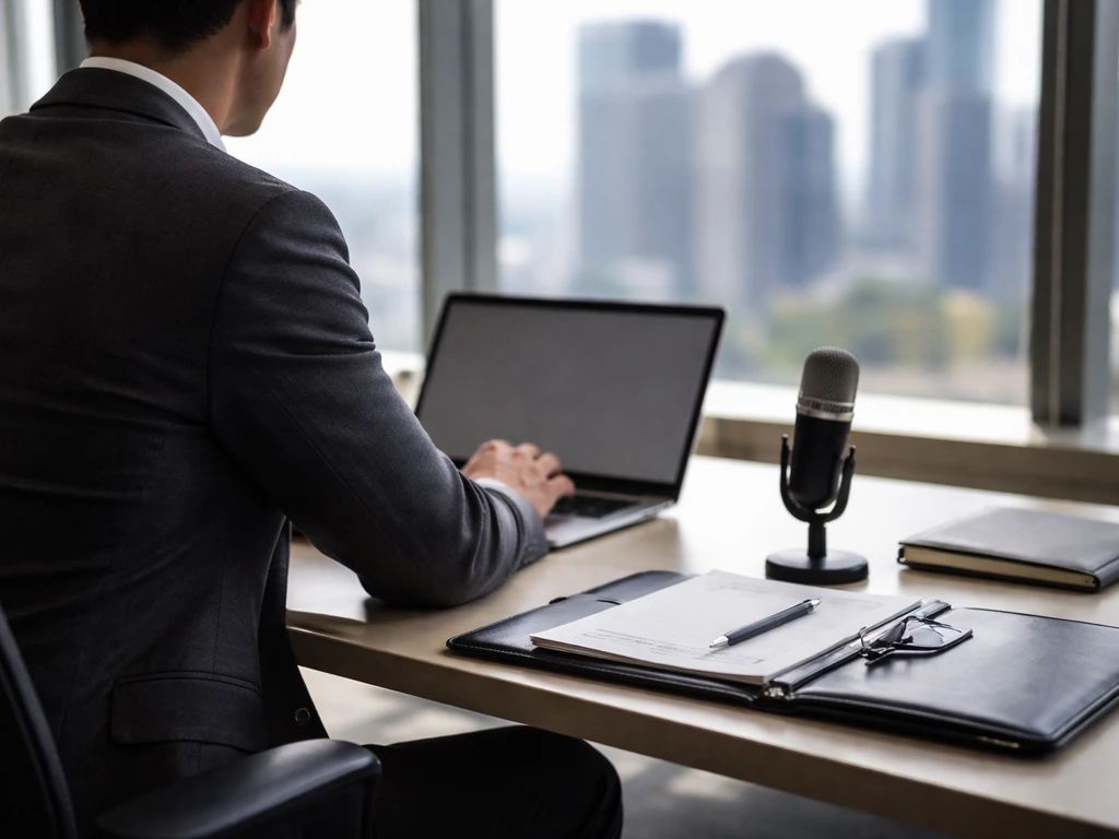 Anonymous executive in a modern office with laptop and microphone, evoking leadership and corporate identity.