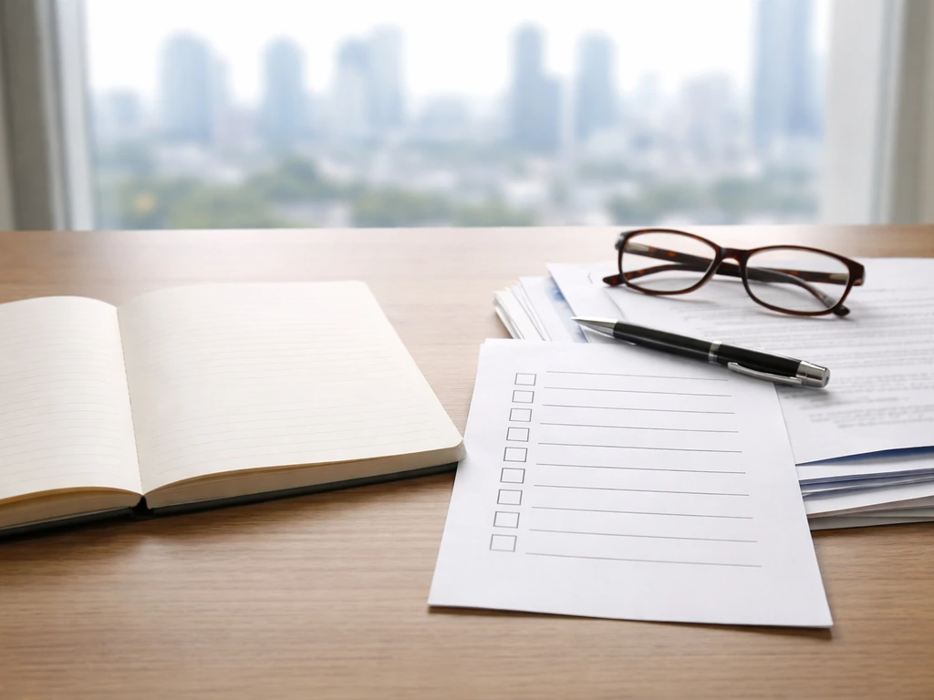 Minimal desk scene with checklist-style papers, pen, and business documents symbolizing net worth methodology.