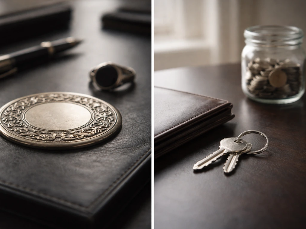 Close-up of a premium desk with a share-certificate token for business equity and keys/coins for other assets.