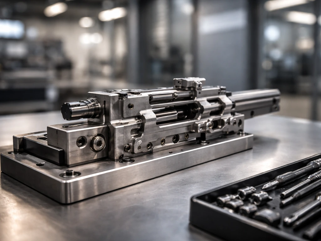 Close-up of industrial metal components on a workshop bench with blurred factory background, no people.