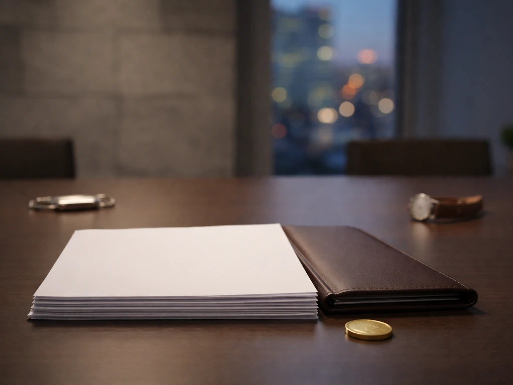 Minimal office scene with a handgun-shaped silhouette kept out of frame, next to a blurred ledger and a single coin.