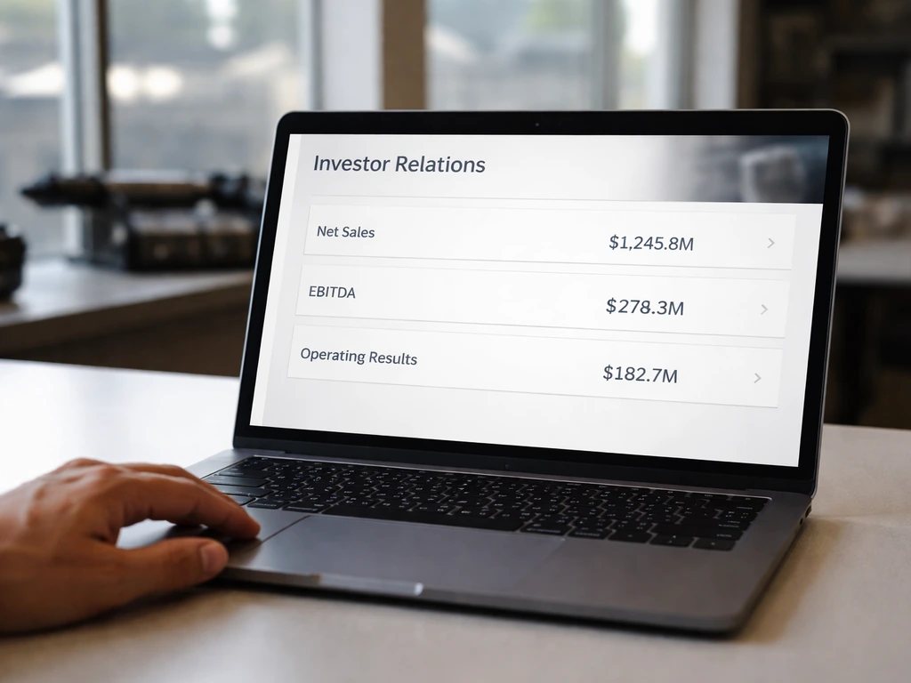 Laptop on a desk showing an Investor Relations financial results page with key headline metrics.