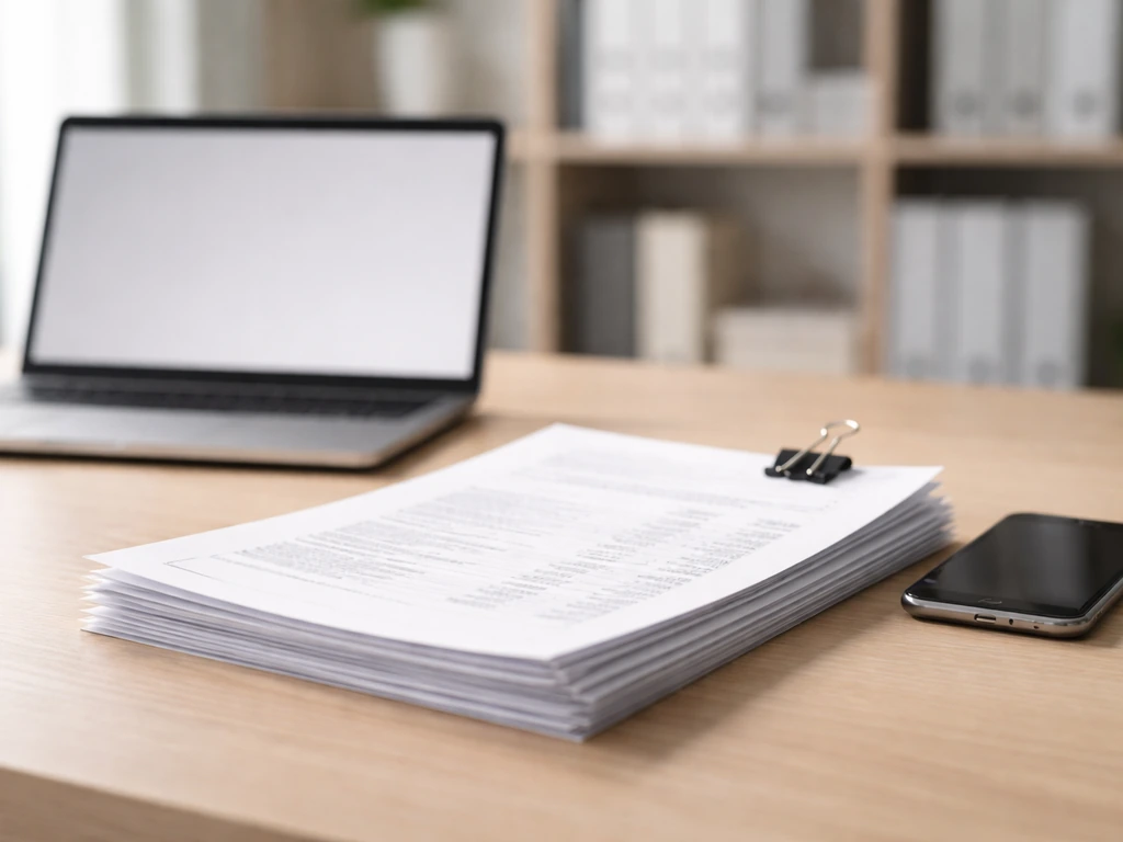 Documents and a laptop on a quiet desk, symbolizing verifying primary financial filings.