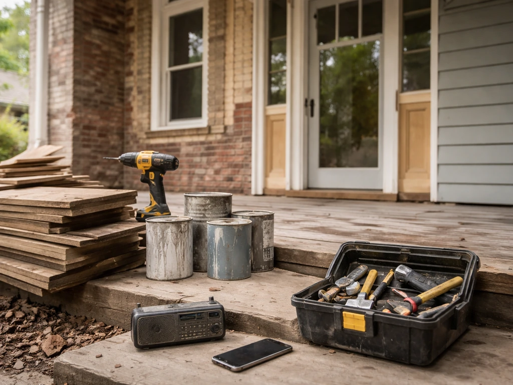 Partially restored historic house facade with renovation tools and materials on a porch steps, no people.