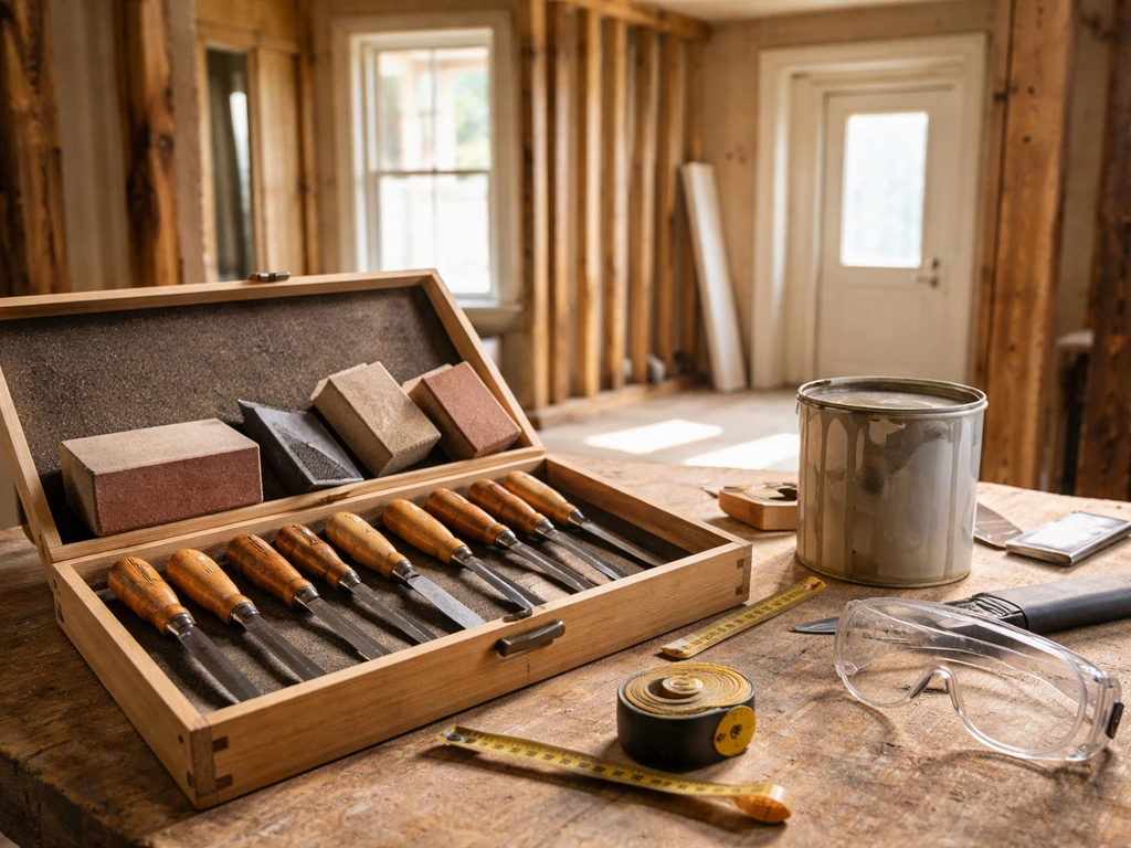 Restoration tools on a workbench in a sunlit Greenville home renovation setting