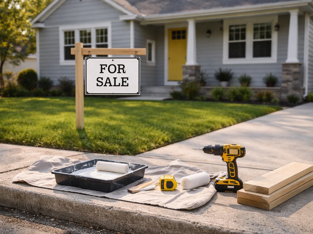 Renovation tools and a for-sale sign beside a freshly renovated house exterior