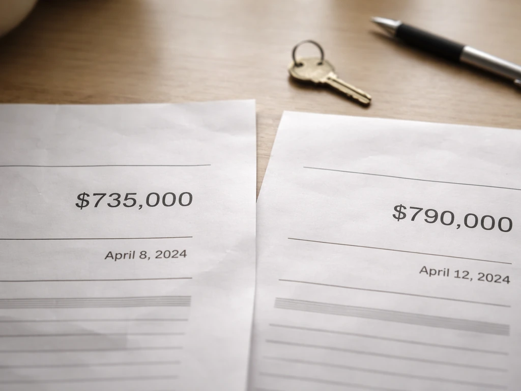 Close-up of two mismatched real-estate appraisal papers on a desk with a pen and key.