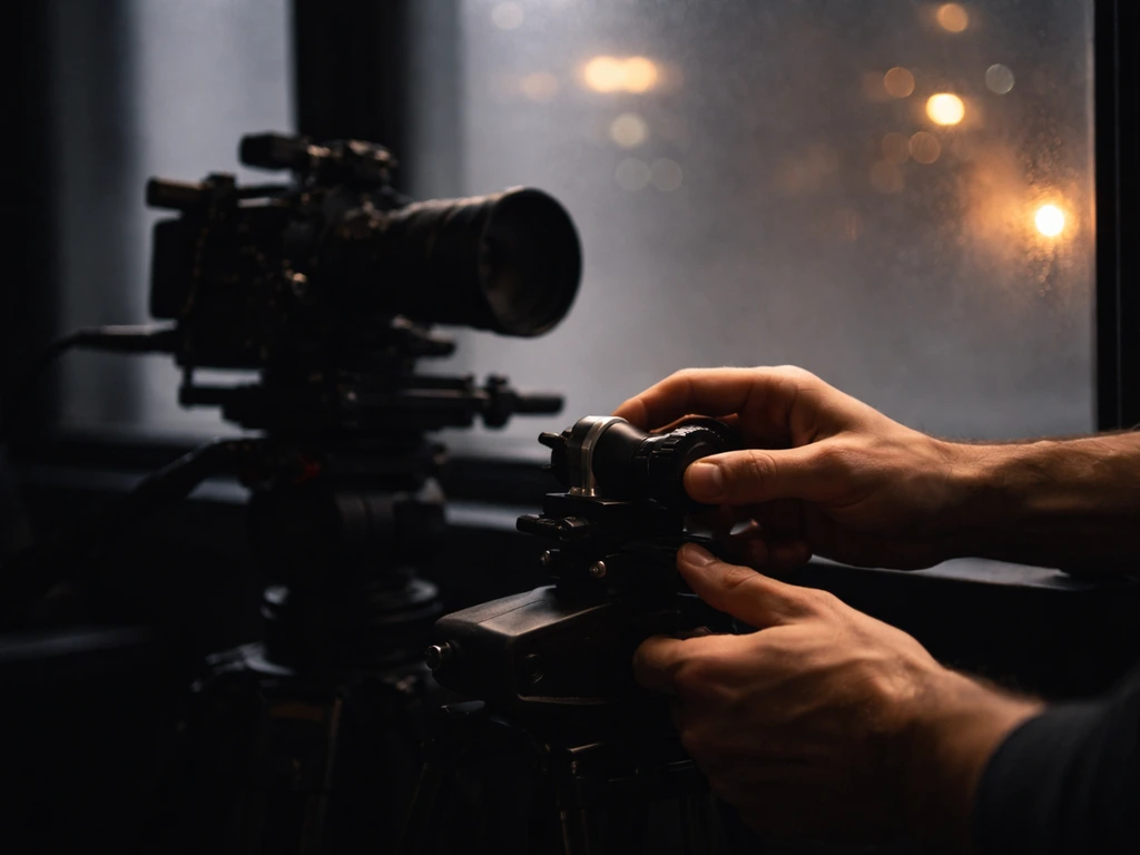 Moody film studio scene with hands adjusting a camera setup, cinematic lighting, no identifiable person.