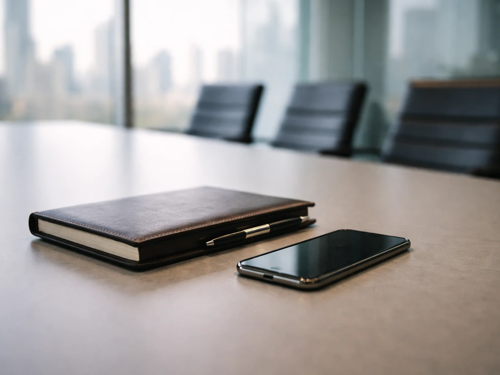 Minimal executive finance scene with a conference room backdrop and a smartphone near a closed notebook