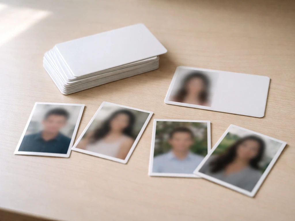 Minimal photo showing a desk with several small blurred ID-style cards in different directions, suggesting name mix-ups.