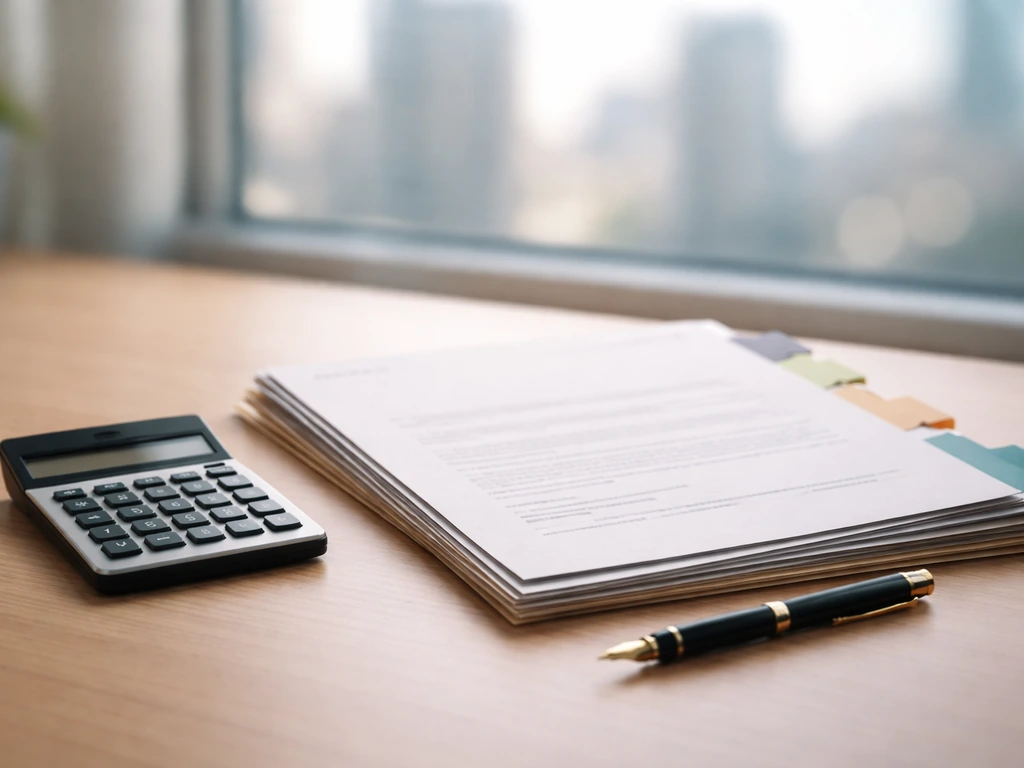 Minimal photo of a desk with a calculator and neatly stacked SEC-style documents, suggesting executive net-worth inputs.
