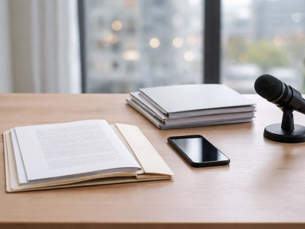 Minimal desk scene with documents, smartphone, and microphone suggesting comparing reliable financial sources.