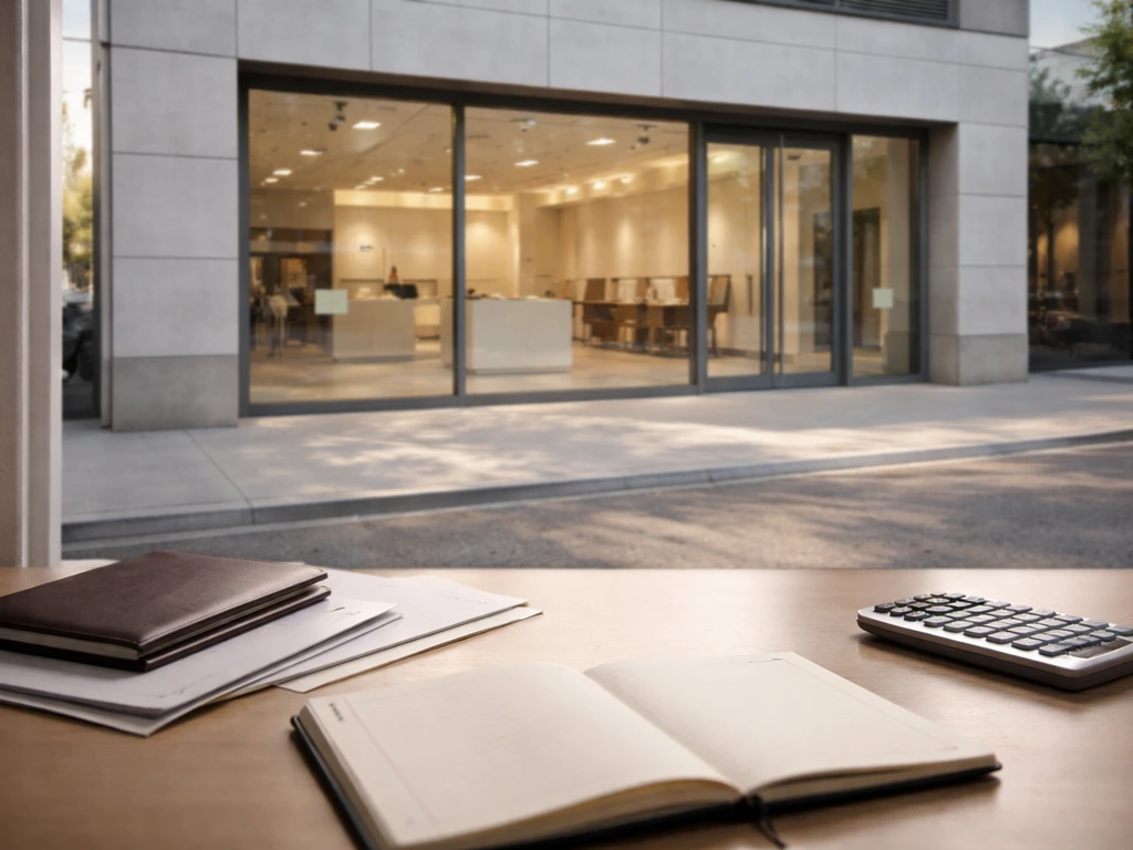 Minimal corporate storefront with a desk finance setup suggesting valuation and net worth themes.