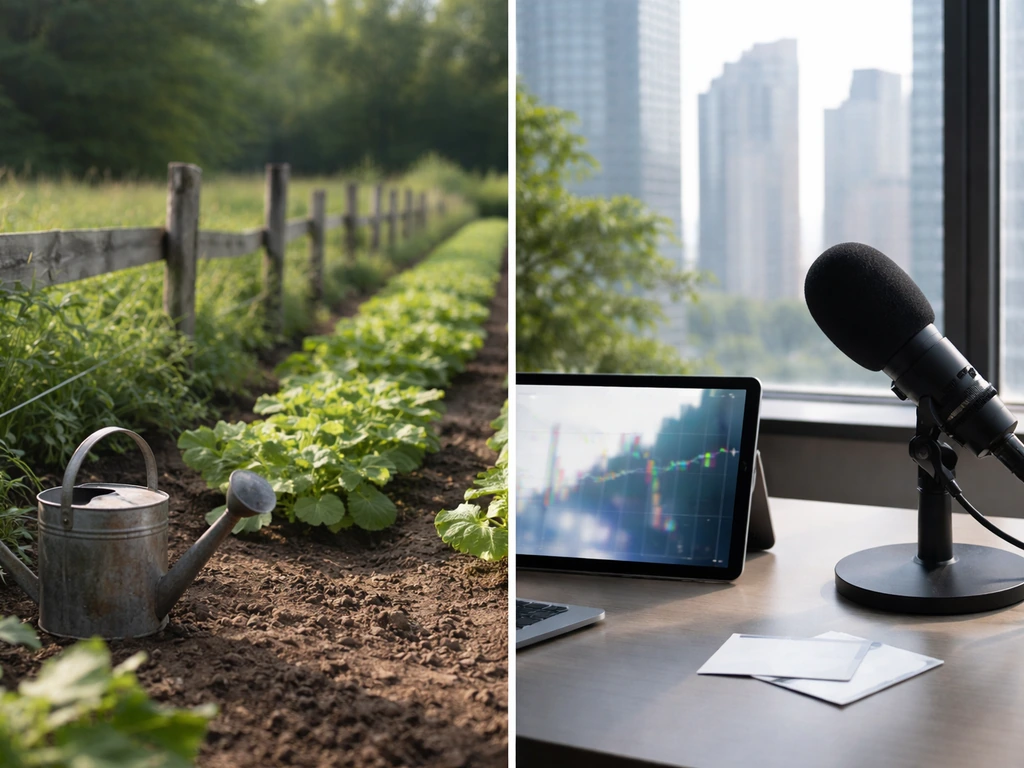 Split-scene photo symbolism: organic farm cues beside a finance/business media desk setup, hinting identity confusion.