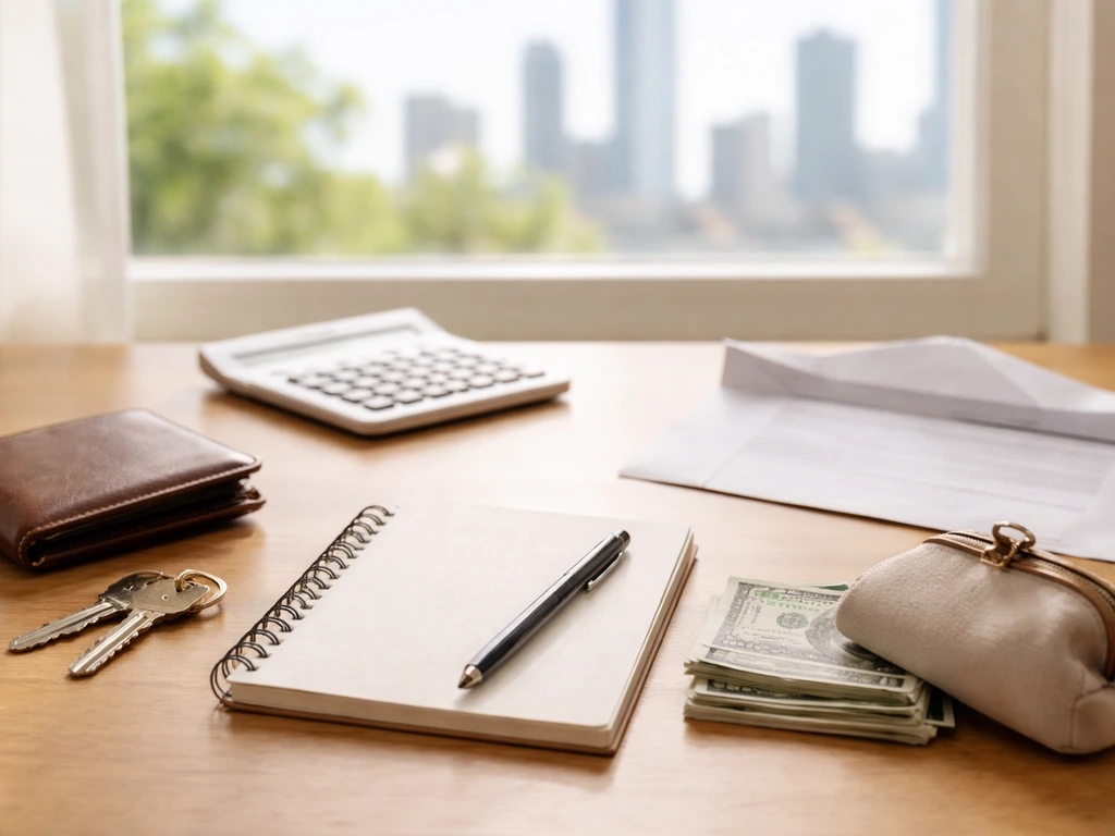 Minimal photo of a wallet and keys beside a financial notebook, with a blurred calculator in the background
