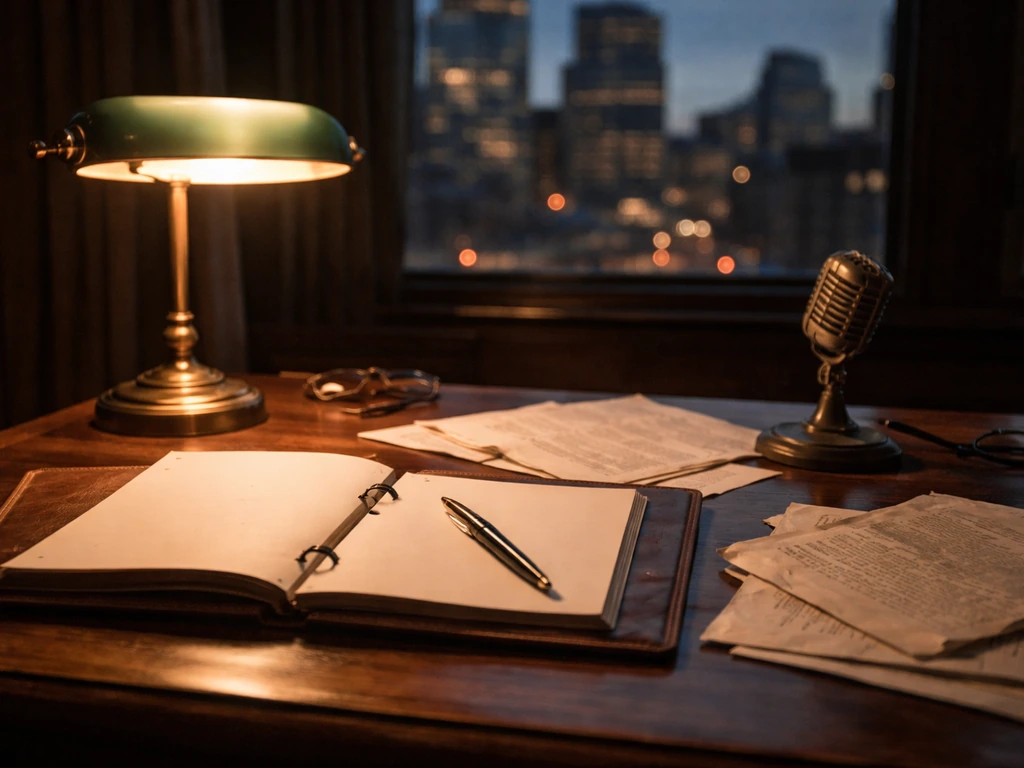 Minimal archival office scene with vintage documents, pen, and microphone indicating finance and media context.