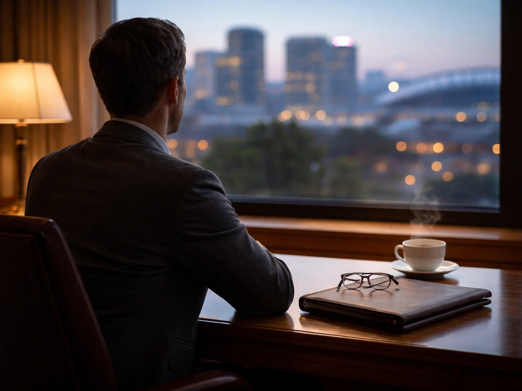 Anonymous financier in a quiet upscale office with city skyline dusk, suggesting wealth and sports ownership.