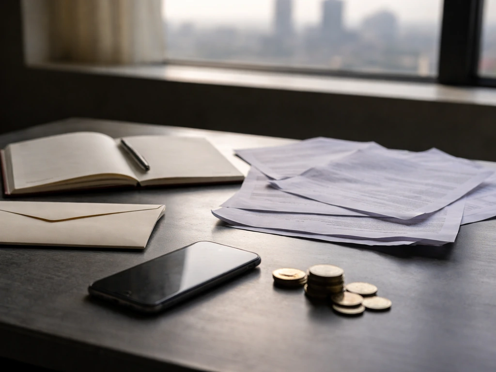 Minimal desk scene with coins and documents, suggesting financial uncertainty and public-record research.