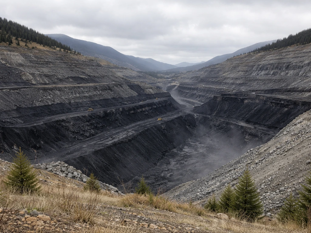 Minimal photo of an empty open-pit coal mine in Sparwood, British Columbia with layered rock and smoke haze