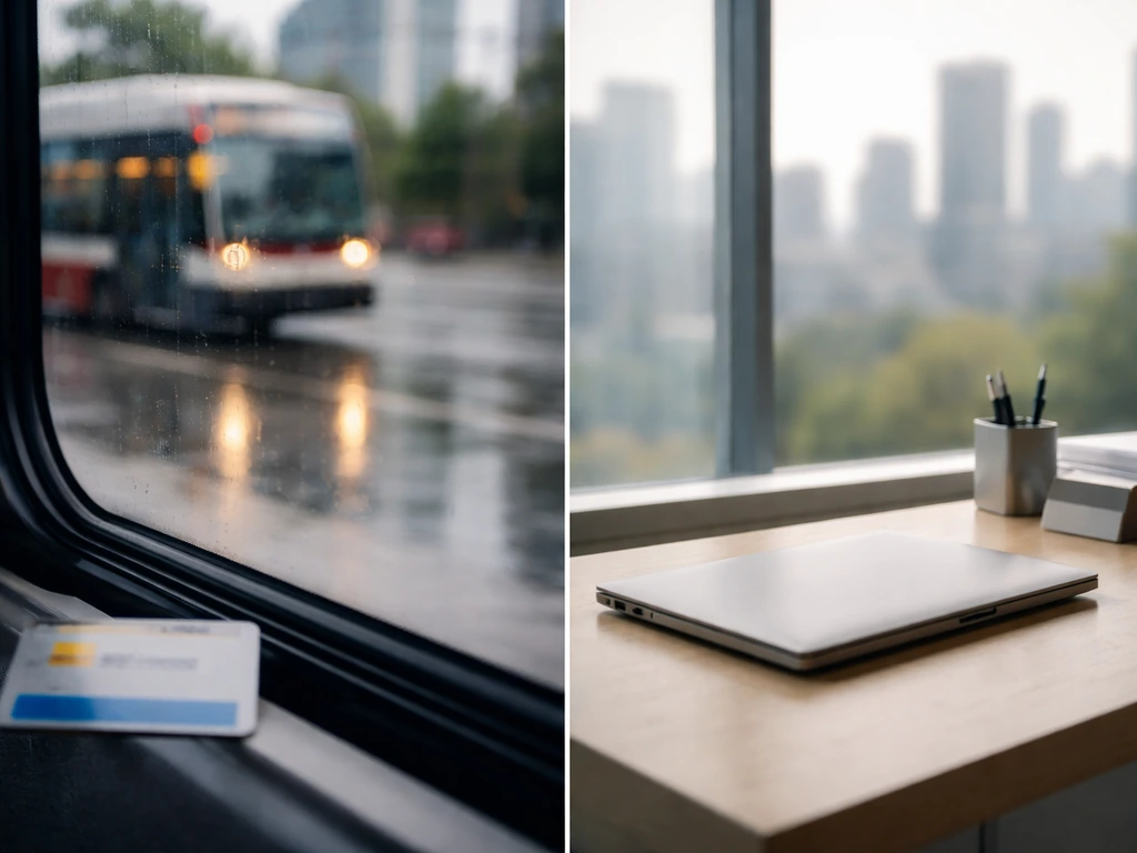Minimal split-scene showing two ambiguous identities: a transit-themed setting and an office business setting, no text.