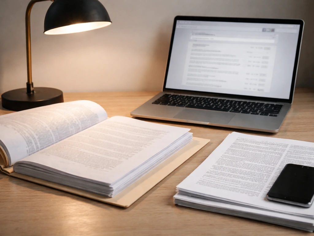 Open financial filing documents and a laptop showing an unreadable filing search interface on a desk.