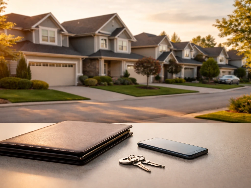 Golden-hour view of suburban houses with a closed portfolio and phone on a desk, suggesting asset signals.