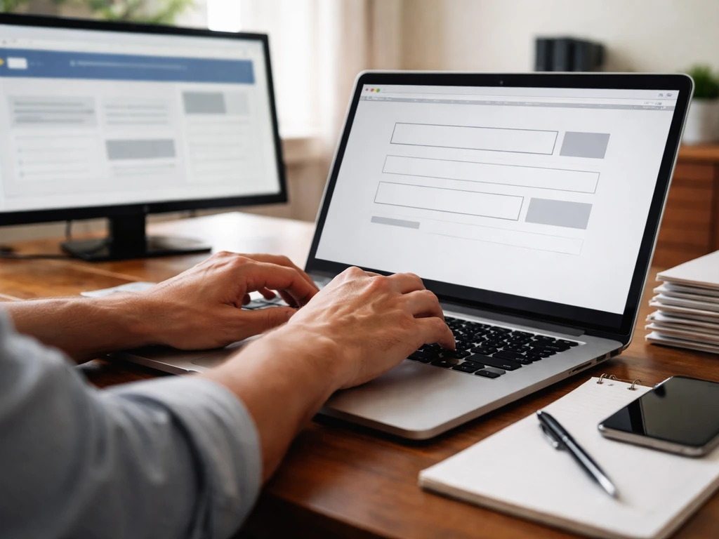 Anonymous hands typing a laptop in a home office beside documents and a generic government search webpage layout.