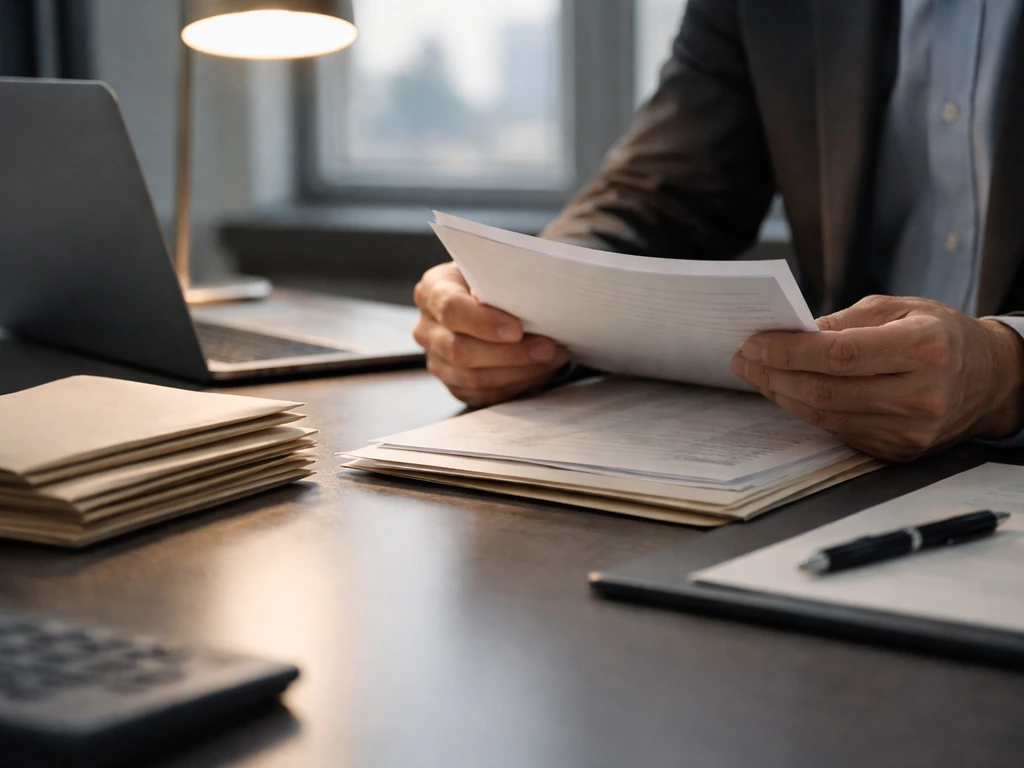 Close-up of hands at a tidy finance desk with laptop, documents, and a blurred city view outside