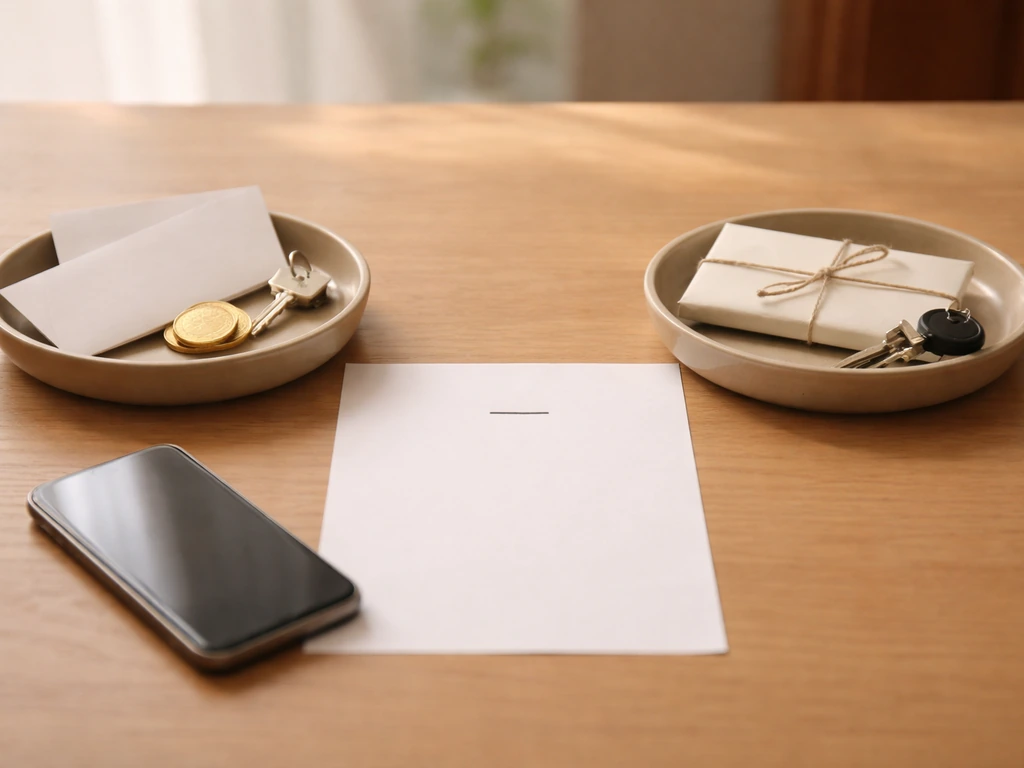 Minimal desk scene showing separate piles for assets and liabilities with a simple subtraction concept
