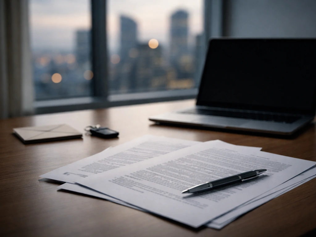 Close-up of a desk with scattered financial documents, a laptop, and a blurred city skyline at dusk