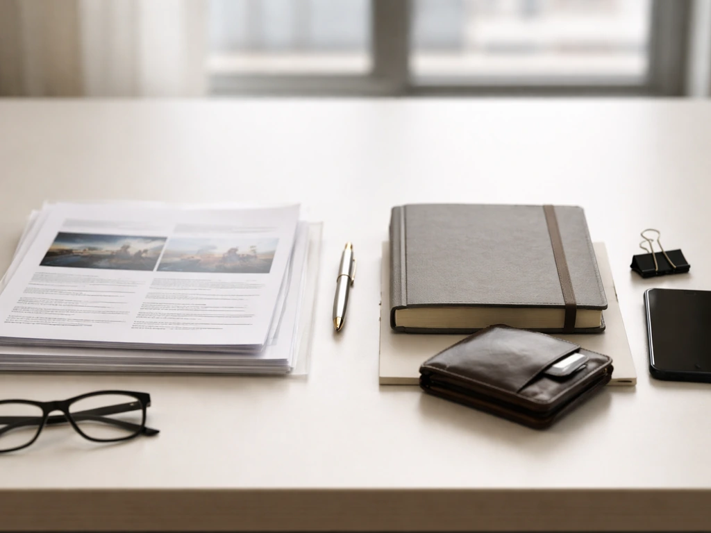Minimal photo of an investment desk setup symbolizing assets and liabilities with portfolio papers and a credit card