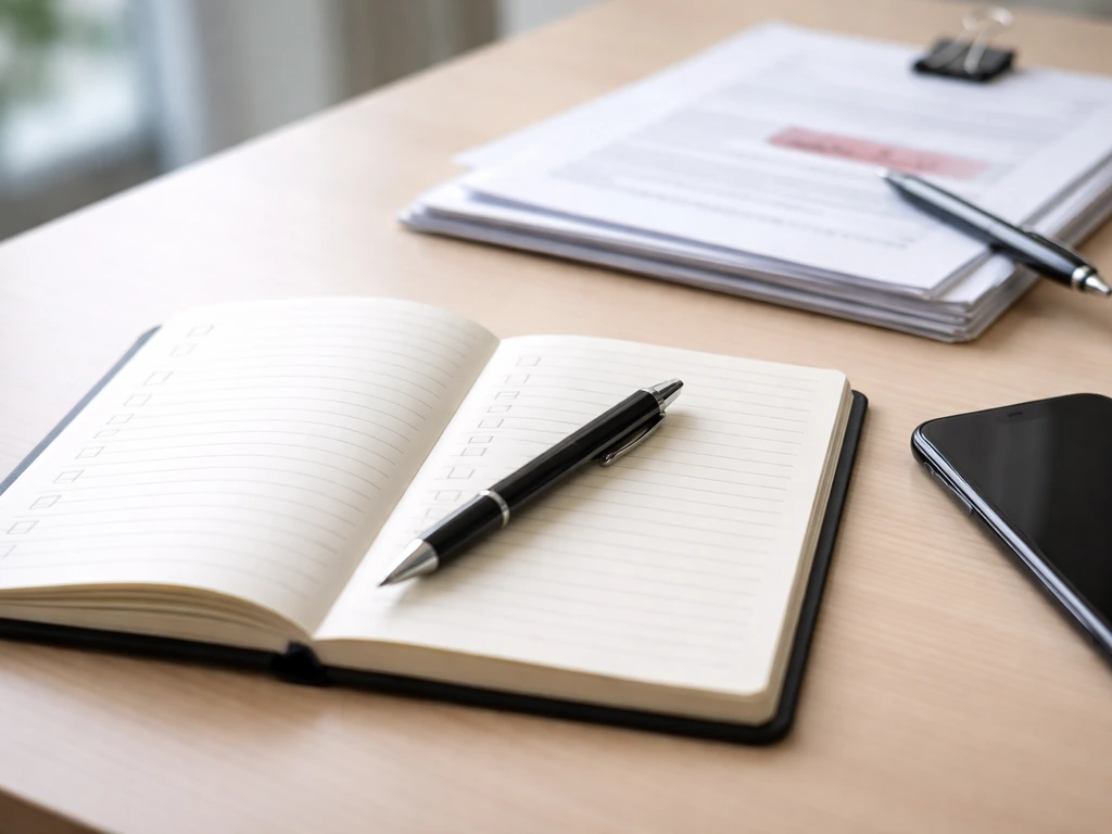 Close-up of an open notebook, pen, and smartphone showing a generic confirmation checklist for reconciling numbers