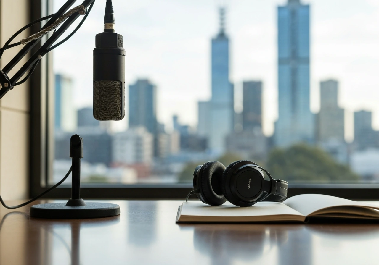 Minimal studio desk with microphone and headphones, city skyline window background for finance-media theme.